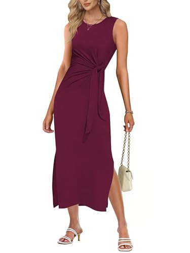 Tanmolo Kleid Damen Sommer Figurbetontes Midi Sommerkleid mit Gürtel und Schlitz Atmungsaktiv Elegant Freizeitkleid (Weinrot M)
