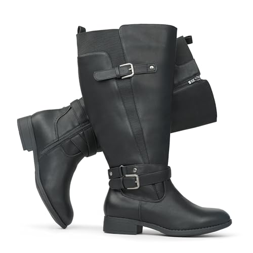 Chicblooms Damen Reitstiefel mit extra breitem Schaft, niedrigem Absatz, Knöchelriemen, schlankes Design, kniehohe Stiefel, Schwarz Synthetik EU 38.5