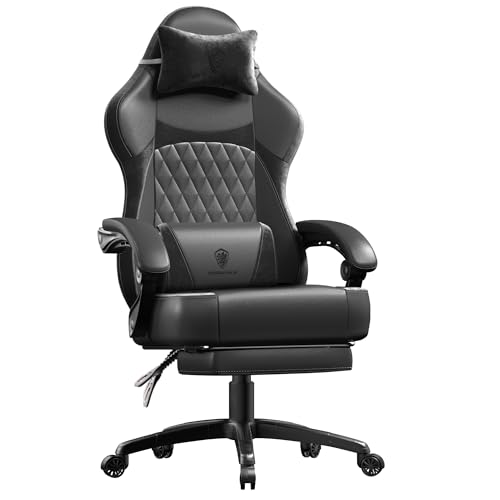 Dowinx Gaming Stuhl, Ergonomischer Gamer Sessel aus PU-Leder mit Lendenstütze, Massagefunktion und breiter Rückenlehne, Belastbar bis 150 kg, Schwarz