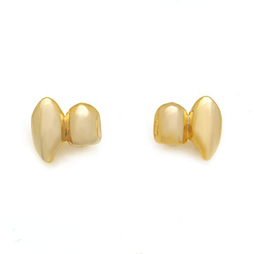 2 Stück 18 Karat vergoldete Doppelzahnkappe Hip Hop Zähne Grillz Vampirzähne Grills Set für Männer und Frauen Rapper Cosplay Kostüm, One Size, Messing, Kein Edelstein
