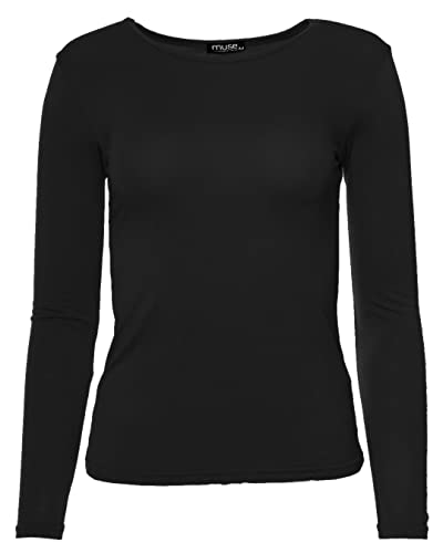 Easy Young Fashion - Damen Basic Rundhals Shirt - Langarm Unterziehshirt - Skinny Fit 1093 - Schwarz L