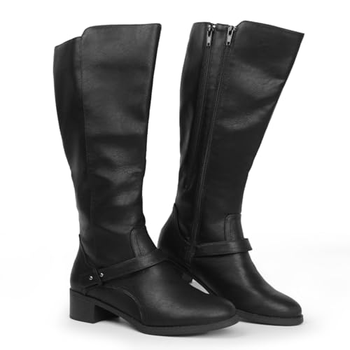 Hawkwell Damen-Reitstiefel mit breiter Wade und doppeltem Reißverschluss, Schwarz Synthetik EU 40