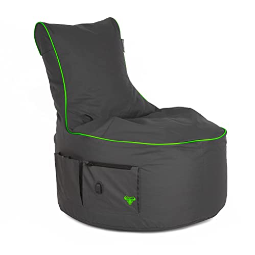BuBiBag XXL Sitzsack Riesensitzsack 90x75x80cm – Gaming Sessel für Erwachsene & Kinder – Waschbar & mit EPS Füllung – Farbe (Anthrazit - Neon Grün)