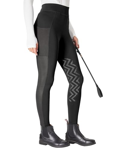 FitsT4 Sports Reithose Damen Reitleggings mit Rutschfestem Kniebesatz, Hohem Bund und Seitentaschen, Atmungsaktiv und Elastisch für Reitschule und Radfahren im Frühling Sommer