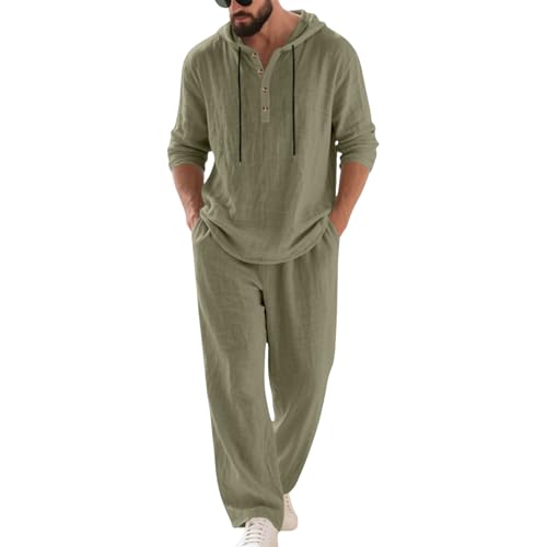Herren Jogginganzug Set Sommer Baumwolle 2 Teilier Trainingsanzug Langarm Poloshirt und Hose Freizeitanzug Sportanzug Einfarbig Casual Outfit mit Knöpfen und Kapuze für Alltag