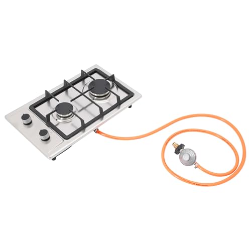 Gaskochfeld 2 flammig Kochfeld Edelstahl, NG/LPG Konvertierbar, 1.5m Gasschlauch, Tragbarer Campingkocher 51×31×10cm, 3kw+1,75kw, Gaskochfeld Outdoor (Silber)