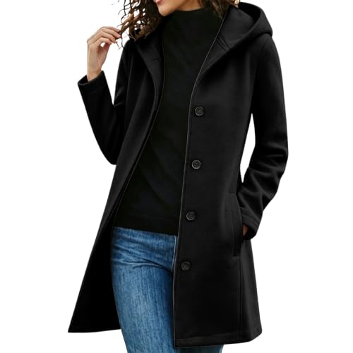Damen Wintermantel mit Kapuze Mantel Lang A‑Linie Winterjacke Knopfmantel