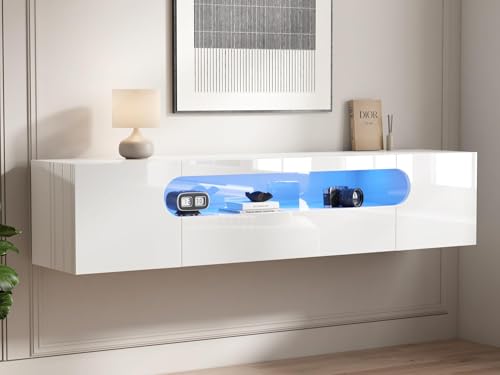 LUXOAK TV Lowboard Hängend 160 cm Weiß Hochglanz, Schwebendes TV Board mit RGB LED, Wandmontage TV Schrank mit Stauraum, Kabelführung, Fernsehtisch Hängeschrank für 55 65 75 Zoll Fernseher