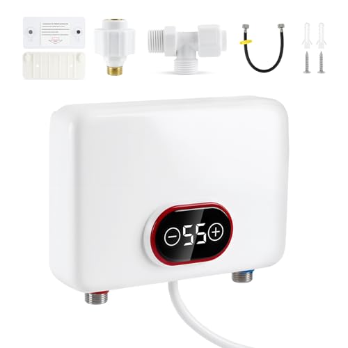 Mini Durchlauferhitzer 5500W 220V, Max.55℃ Instant Elektrische Durchlauferhitzer Klein mit LED-Display IPX4, Kompakt 23x16x5 cm Untertischboiler für Küche Garten