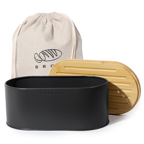 SYLANDO Brotkasten mit Großer Kapazität, Hochwertige Metall Brotbox, Die Aufbewahrung für noch länger frisches Brot, Deckel aus Ökologisches Bambus (8L-Schwarz-35 * 19,3 * 15,5CM)