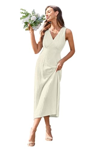 Newshows Sommerkleid Damen Lang V Ausschnitt Elegant Sommer Kleid Hochzeitskleid Maxikleid Abendkleid(Beige, XX-L)