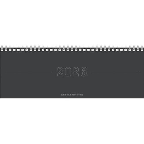 Zettler Tisch-Querkalender Papyrus Grau 2026 – Wochenkalender 30 × 11 cm, 1 Woche/2 Seiten, mit Notizblatt & Jahresübersicht, Zeiteinteilung 8–21 Uhr, Monatsregister, Ringbindung, FSC-zertifiziert