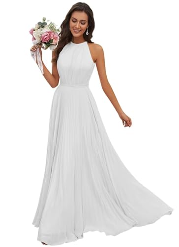 JAEDEN Abendkleid Damen Lang Elegant für Hochzeit Neckholder Brautjungfernkleider Chiffon Festliches Party Kleid Weiß 40