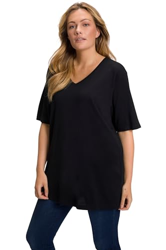 Ulla Popken Damen große Größen Übergrößen Plus Size T-Shirt, V-Ausschnitt, Relaxed, Halbarm schwarz 46+ 515283100-46+