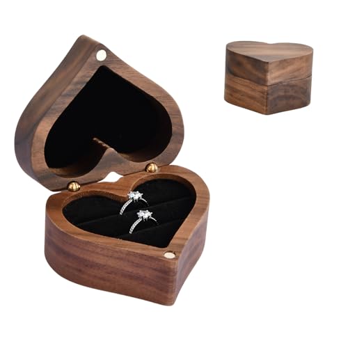 Amexo Herzförmige Ringbox Holz Ringschatulle, Walnussholz Ringbox mit 2 Slot und Schwarz Samt, Holz Ringträger Ohrring Schmuck Box für Vorschlag Hochzeit Verlobung