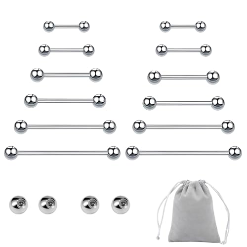 ZexJpr Zungenpiercing Chirurgenstahl, 12 Stück Zungenpiercing mit 4 Ersatzkugeln, 1.6 mm Stärke in verschiedenen Längen, mit Samtbeutel für sichere Aufbewahrun(10/12/14/16/18/20mm)
