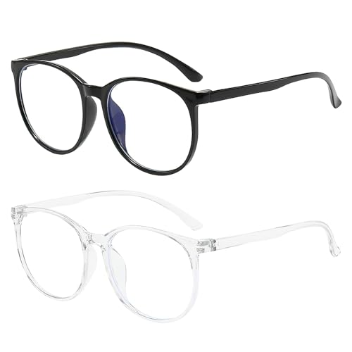 2 Stück Anti Blaues Fake Brille, Blaulichtfilter Brille Herren Damen, Blue Light Glasses, Qualität Runde Rahmen Blaulicht Brille, Leichtes Gewicht Klare Blaulichtfilter Brille (Transparent,Schwarz)