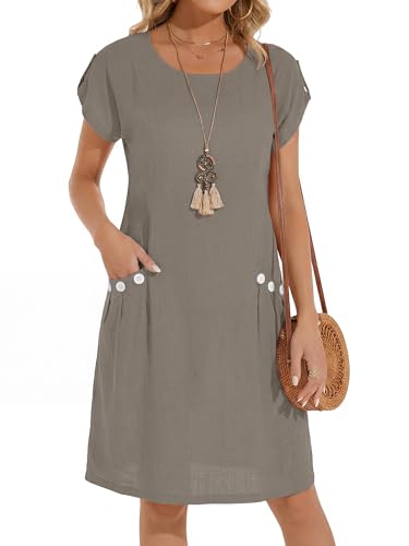Sommerkleid Damen Leinen Rundhals Knielang Freizeitkleid A-Line Kurzarm Classics Midi Strand Kleider（Dunkelkhaki，X-Large）