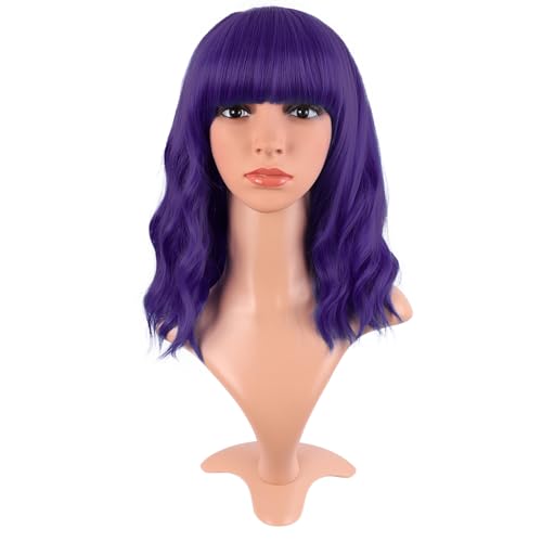 MapofBeauty 14 Zoll/35 cm Kurze Gewellte Lockige Frauen Frische Helle Synthetische Gewöhnliche Flache Pony Bob Perücke (Dunkel Lila)