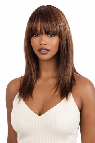 ManeMajesty Frauen Perücke Lang Mit Pony Und Ombre 46 cm 100 Prozent Echthaar Glatt Ohne Kleber Ohne Spitze Mechanisch Braun Gemischt Honigblond, Fs4/27