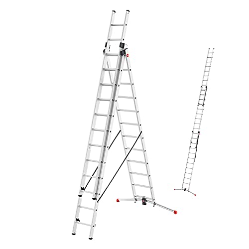 Hailo S100 ProfiLOT 3-teilige Alu-Kombileiter mit Lot-System - gleicht Unebenheiten aus - 3 x 12 profilierte Sprossen belastbar bis 150 kg - Aluleiter Made in Germany - Leiter rostfrei - Silber
