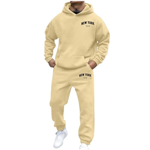 SKFLABOOF jogginganzug herren, Activewear Trainingsanzug - 2-Teilig Sportanzug Y2K Langarm Hoodie + Baggy Jogginghose Jogging Anzug Set Mit Taschen Hausanzug Tracksuit Schwitzanzug 001a Beige, S