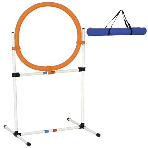 PawHut Agility Sprungring für Hunde, Agility Set Hunde, Agility Ring 2 in 1 Sprungringstange mit Tragetasche Kunststoff 74,5 x 66 x 91 cm Weiß+Orange