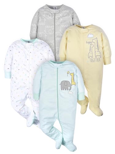 Gerber Baby - Unisex 4er-Pack Sleep'N Play Strampler und Kleinkind-Schlafanzüge Animals, Grün, 0–3 Monate