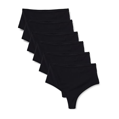 Amazon Essentials Damen Mikrofaser-Tangas (G-String & Hochtaillierter Tanga), 6er-Pack, Schwarz, 46