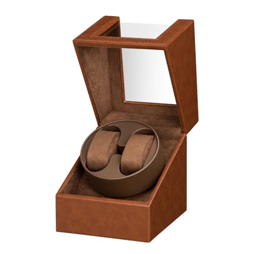 LINGFANSTORE Automatische Uhrenbeweger Box,luxuriöser Uhrenbeweger,Uhrengehäuse mit leisem Mabuchi Motor,Batteriebetrieb oder Netzteil PU Leder (schwarz) (Braun-135F)