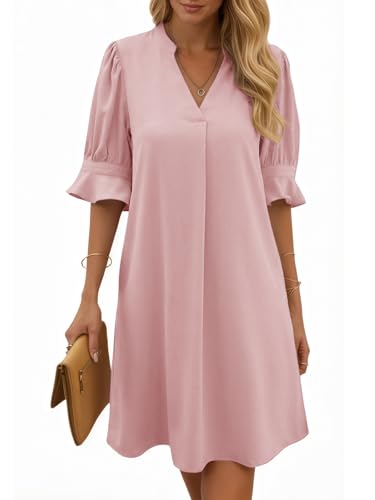 Cicy Bell Damen Sommerkleid Elegant Halbarm Hemdkleid V Ausschnitt Party Kleider Freizeitkleider Einfarbig Midikleid Casual A Linien Kurzes Kleid Rosa M
