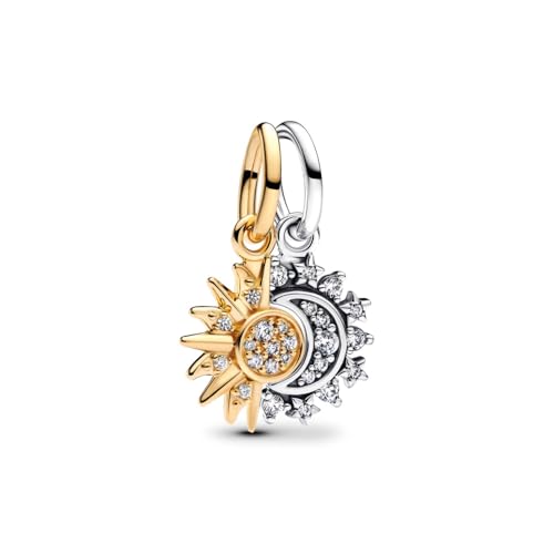 PANDORA Moments Teilbarer Sonne & Mond Charm-Anhänger aus Sterling Silber mit vergoldeter Metalllegierung und Zirkonia, Kompatibel Moments und ME Armbänder, 763585C01
