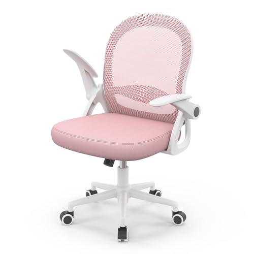 rattantree Ergonomischer Bürostuhl, Schreibtischstuhl mit Atmungsaktiver Rückenlehne, Höhenverstellbarer, Netzstuhl mit Hochklappbaren Armlehnen, Computerstuhl, 360° Drehstuhl für Büro, Zuhause, Rosa