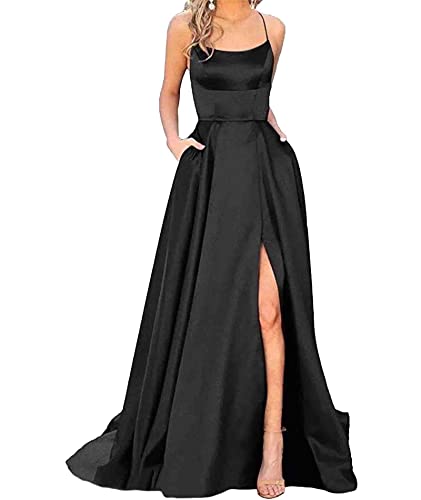 HAHAEMMA Damen Elegant Lange Ballkleider mit Taschen Satin A-Linie Backless Hochzeitskleid Abendkleider Sexy Neckholder Spaghetti Brautkleid Kleider Lang Prinzessin Brautjungfer Kleid (BL-M)