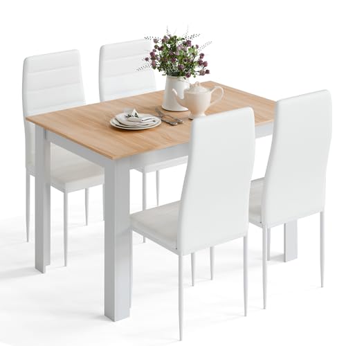 Mondeer 120cm Esstisch mit 4 Stühlen,Holz Küchentisch mit Hochlehne Stuhl