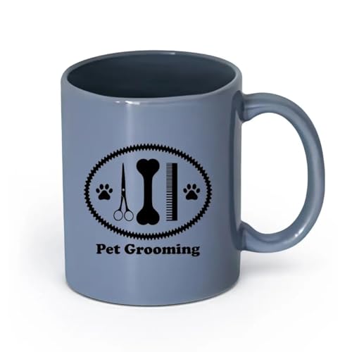LAYEHDF Keramik Tassen mit komfortablem Henkel Tierpflege Tiershop Schere Kamm Knochen （11oz/320ml） Büro, Zuhause, Café, Spülmaschinen- & Mikrowellengeeignet Blaugrau