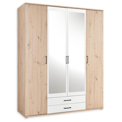 CHICAGO Eleganter Kleiderschrank mit viel Stauraum - Vielseitiger Drehtürenschrank in Artisan Eiche Optik und Absetzungen in Weiß - 159 x 197 x 54 cm (B/H/T)