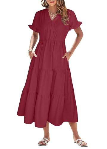 Theenkoln Kleid Damen Sommer Blusenkleid Elegant V-Ausschnitt Kurzarm Sommerkleid Lang Strandkleid Midikleid Freizeitkleider Weinrot L