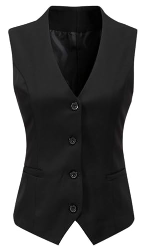 Gowjog Damen Weste Anzugweste Gefüttert Button Up V-Ausschnitt Smoking Vintage Jacke Dressy Ärmellos Westen(Schwarz,Xl)
