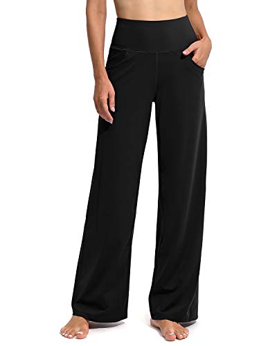 Promover Activewear-Hosen für Damen mit Taschen Jogginghose Hohe Taille Yogahose Weites Bein Straighthose Bauchkontrolle Schlaghose Arbeit Sporthose(Schwarz,L,Regular)