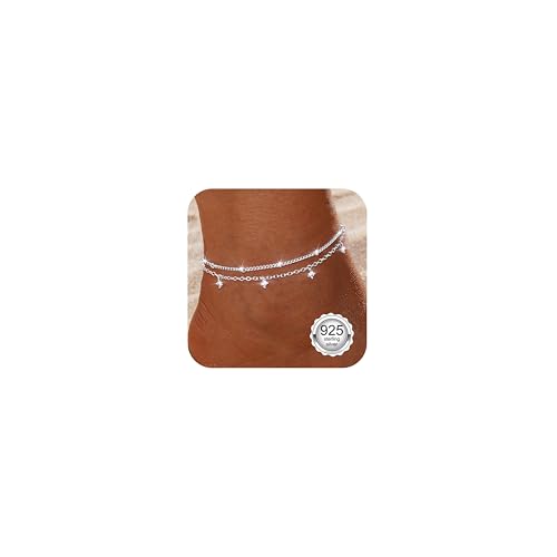 Diamday Fußkettchen für Damen Silber 925 Fussketten für Frauen Verstellbares Zierlich Fußkette Silber Perlen Funkelnd CZ Herz Stapelbare Fusskette Set Strand Schmuck Fußkettchen Damen