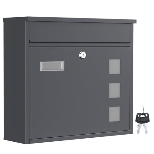 Wiltec Briefkasten V12 Anthrazit 360 x 115 x 320 mm, Wandbriefkasten mit Schloss, Sichtfenstern und Namensschild, Postkasten aus Stahl galvanisiert