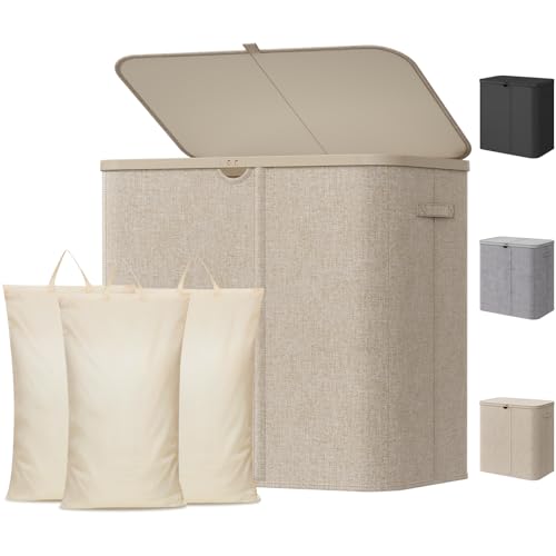 Lifewit 150L Wäschekorb mit Deckel und 3 Fächern, Beige