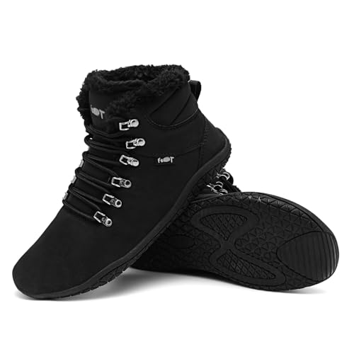 Merdoo Winter Barfußschuhe Damen Herren Wasserabweisend Barfuß Winterschuhe Warm Gefüttert Stiefeletten Breite Zehenbox Barefoot Shoes Rutschfest Sneaker Leder Walking Schuhe Unisex Schwarz 40EU