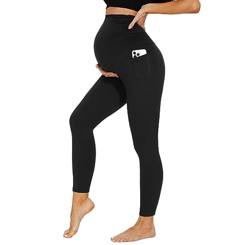 DDOBB Damen Umstandsleggings mit Taschen Schwangerschaftsleggings High Waist Umstandshose Blickdichte Weich Elastisch Umstandsmode Zuhause Yoga Sport(schwarz, L)