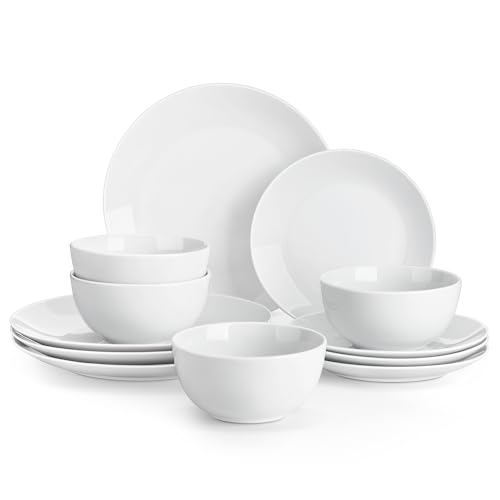 MALACASA 12-teiliges Porzellan-Geschirrset, Serie AMELIA | Für 4 bis 12 Personen | Spülmaschinenfestes modernes weißes Geschirrset mit Speisetellern, Desserttellern und Schüsselsets
