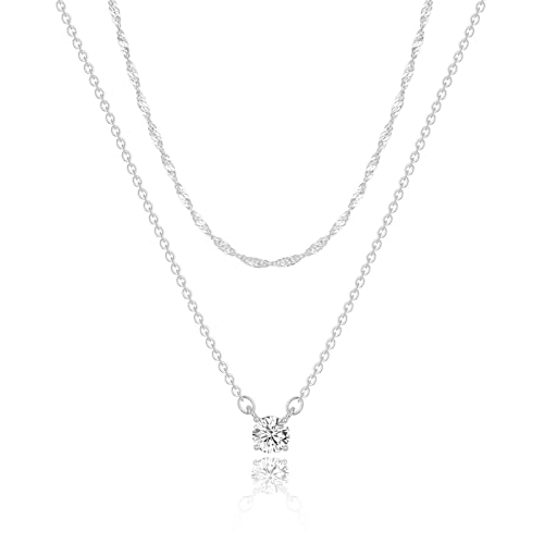 Meteorstarry Kette Silber 925 Damen,2 Stück Layerd Mehrreihige Silberkette 925 mit Cubic Zirkonia Anhänger,Wasserfester Halskette Boho Modeschmuck Geschenk für Frauen Mädchen 38/45 CM