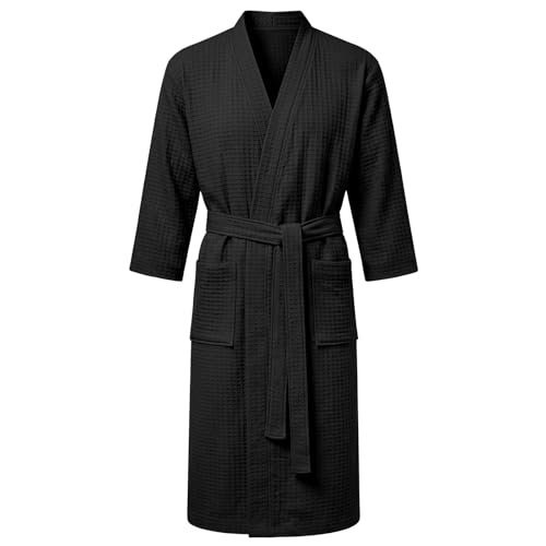 AUYAO Bademantel Herren Damen, Leichter Bademantel Waffelpique (Schwarz-L)