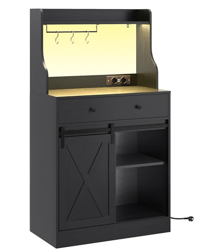 KIMENICH Küchenschrank, Sideboard mit LED, Steckdose, Große Schublade, Buffetschrank mit Arbeitsplatte, Verstellbaren Ablagen, 3 Hakens, Großer Stauraum, für Küche Wohnzimmer, Esszimmer, Schwarz