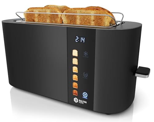 Balter Toaster 4 Scheiben, Touch Bedienung, Langschlitz, Edelstahl, Brötchenaufsatz, LCD Display Langschlitztoaster, Auftaufunktion, Brotzentrierung, TS-34 Schwarz matt
